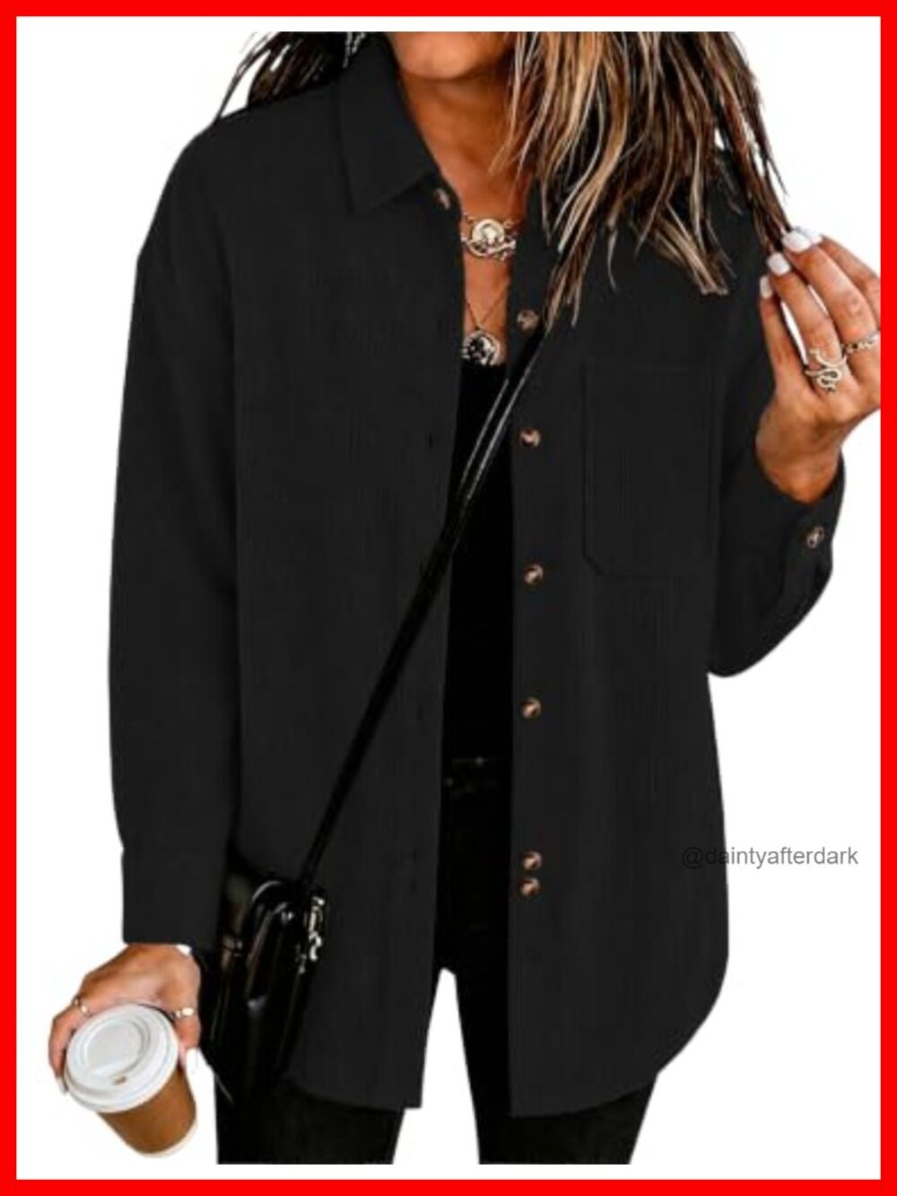 Corduroy Oversized Boyfriend Button Down Shirt V Neck Long Sleeve Blouse